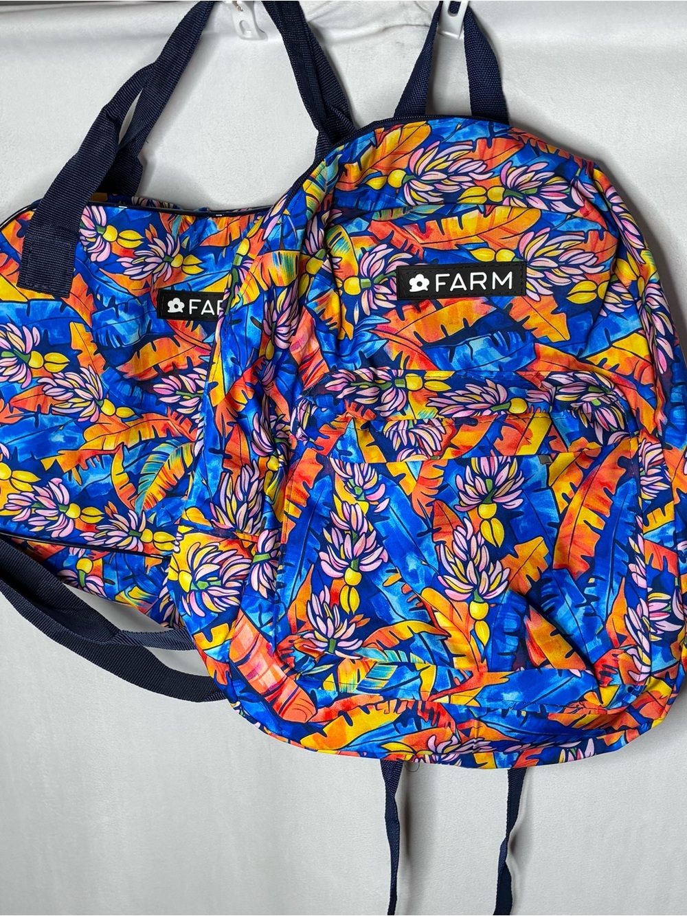 NWOT Farm Rio Bright Tropical Floral Feather Print Backpack & Duffle Bag Set